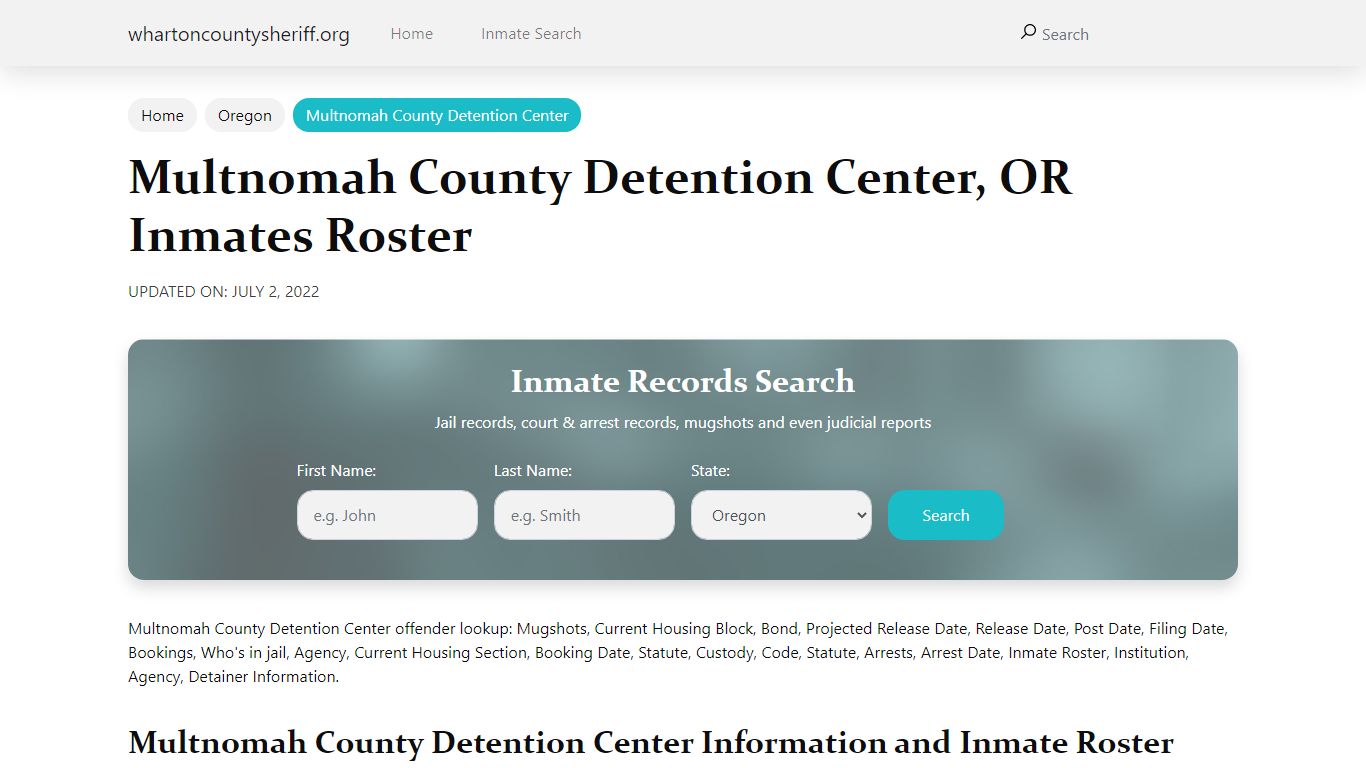 Multnomah County Detention Center, OR Jail Roster, Name Search